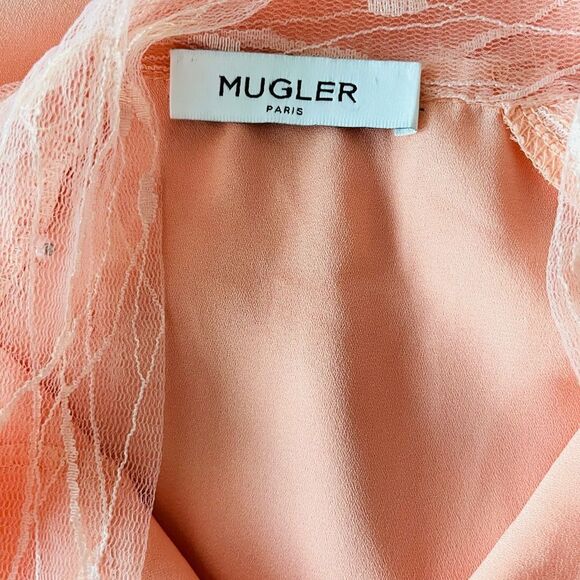 MUGLER peach blouse with front lace & pearl tie, lace shoulders size 6. - Picture 9 of 9